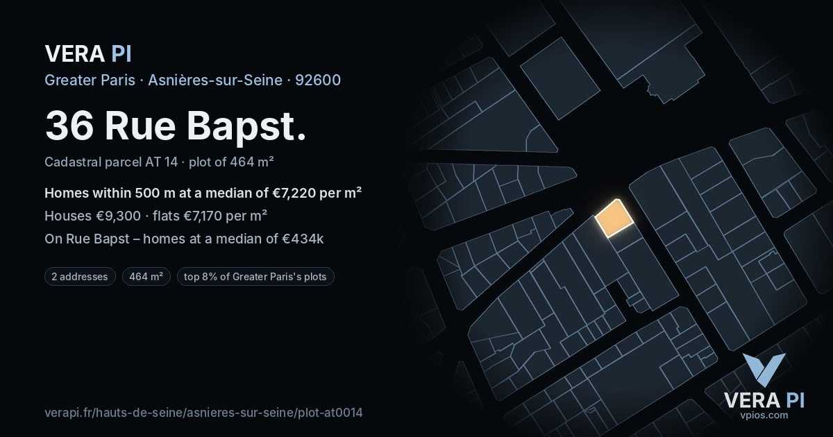 36 Rue Bapst, Asnières-sur-Seine at night – the plot lit, the parcels around coloured by the prices near them
