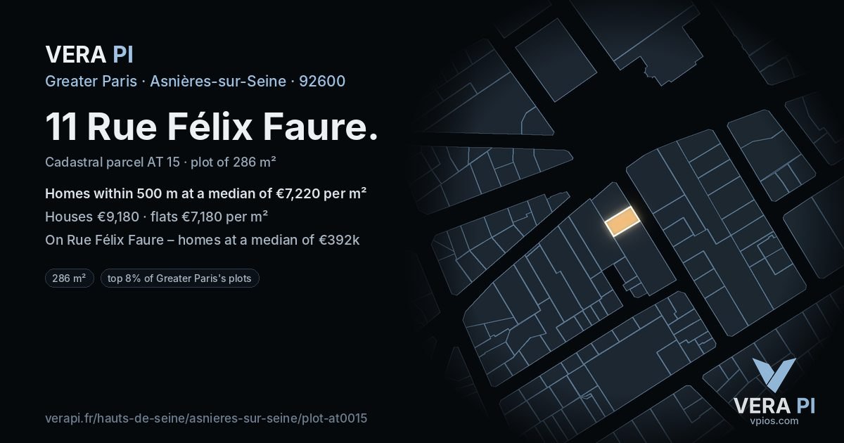 11 Rue Félix Faure, Asnières-sur-Seine at night – the plot lit, the parcels around coloured by the prices near them
