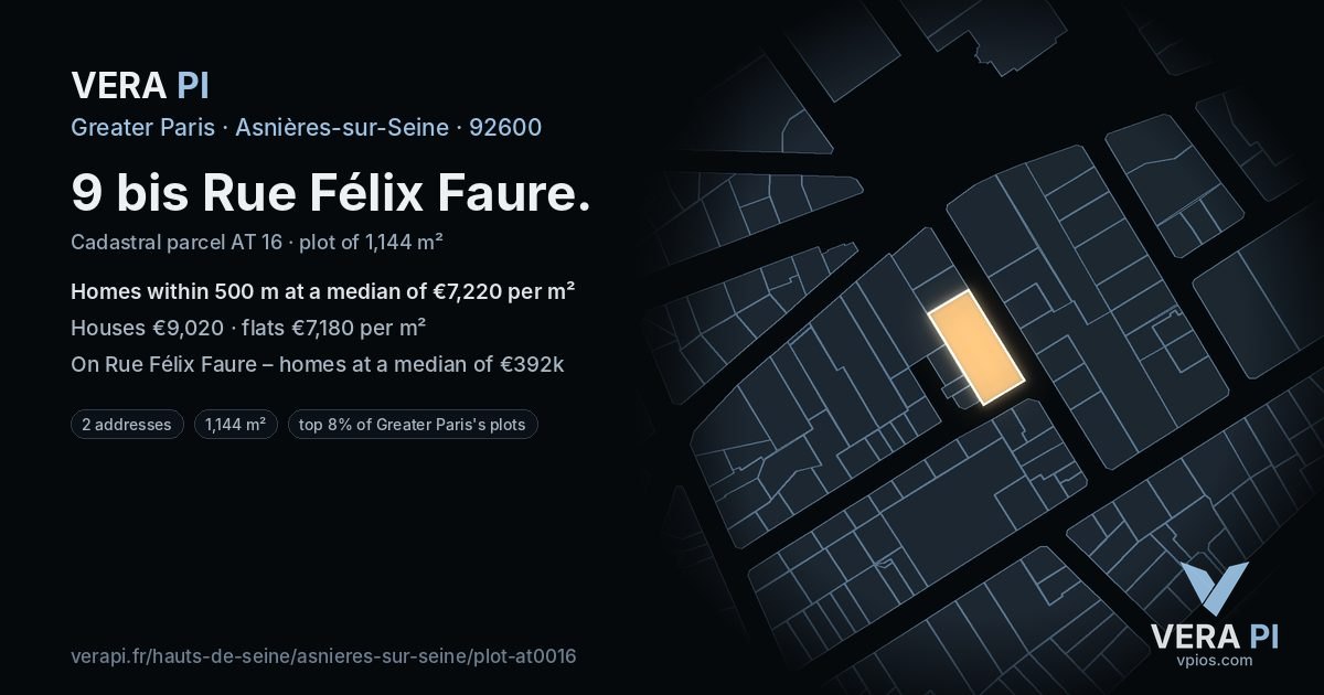 9 bis Rue Félix Faure, Asnières-sur-Seine at night – the plot lit, the parcels around coloured by the prices near them