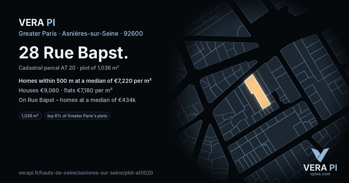 28 Rue Bapst, Asnières-sur-Seine at night – the plot lit, the parcels around coloured by the prices near them
