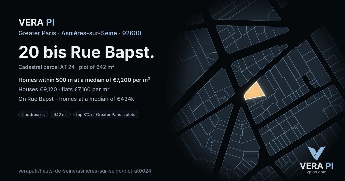 20 bis Rue Bapst, Asnières-sur-Seine at night – the plot lit, the parcels around coloured by the prices near them
