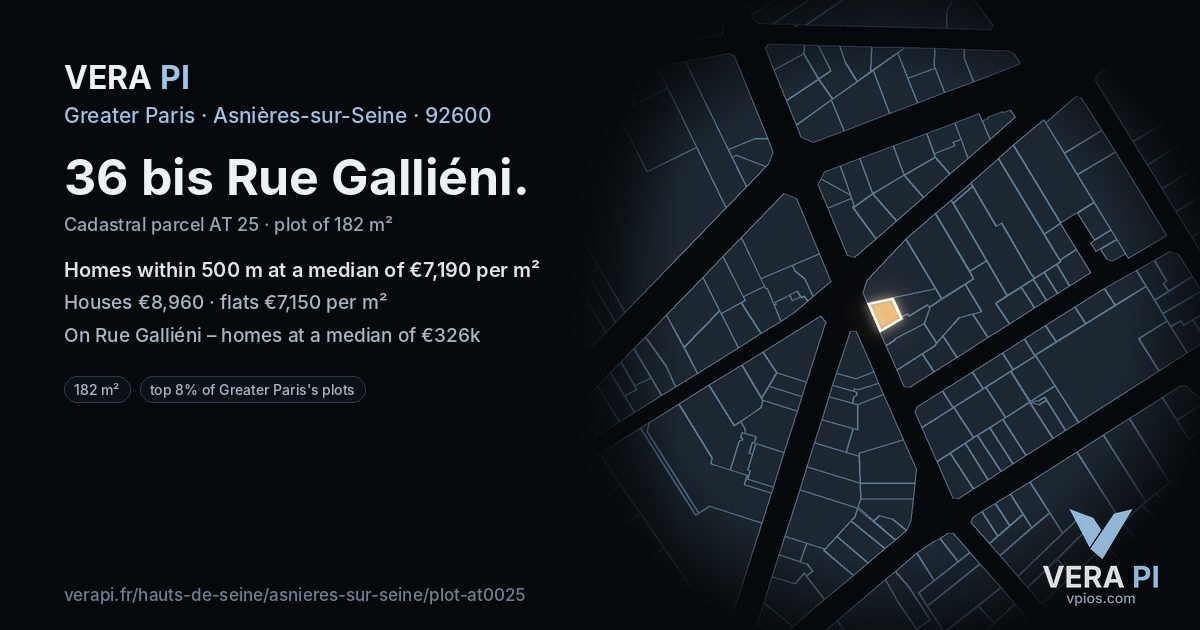 36 bis Rue Galliéni, Asnières-sur-Seine at night – the plot lit, the parcels around coloured by the prices near them