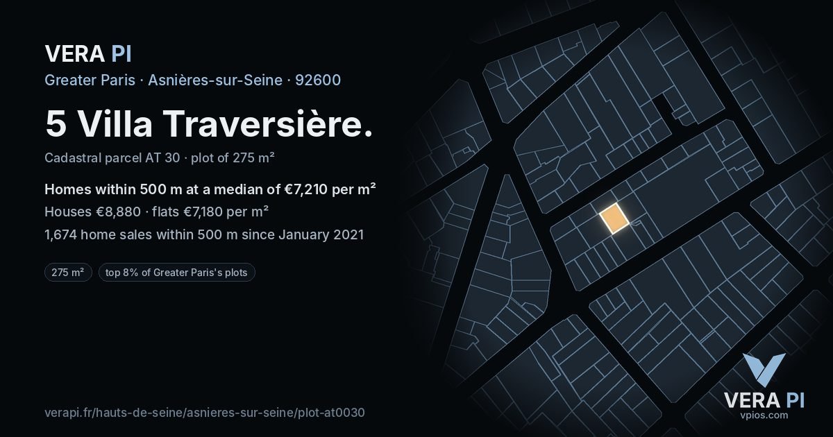 5 Villa Traversière, Asnières-sur-Seine at night – the plot lit, the parcels around coloured by the prices near them