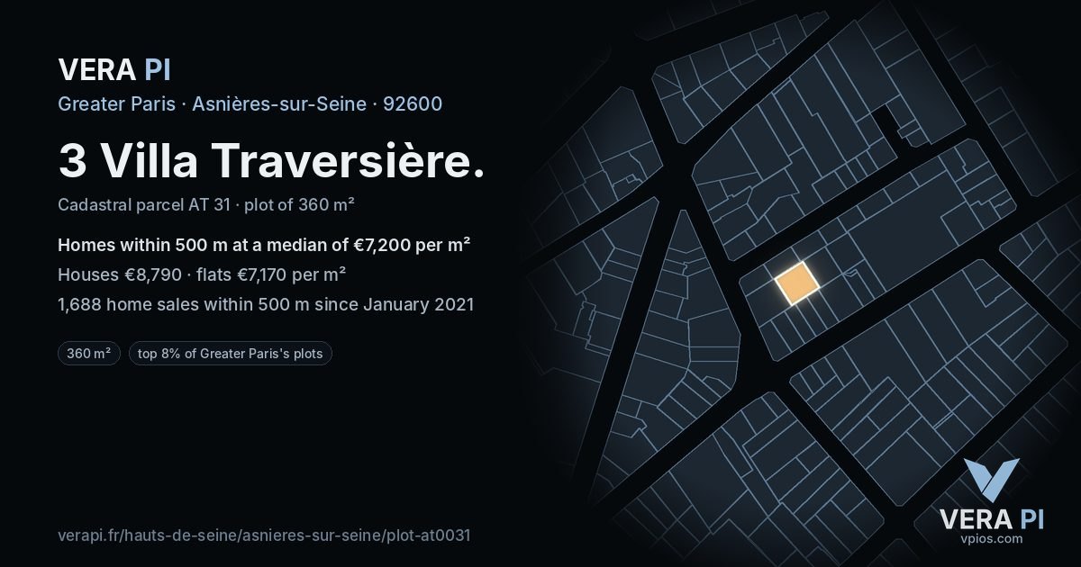 3 Villa Traversière, Asnières-sur-Seine at night – the plot lit, the parcels around coloured by the prices near them