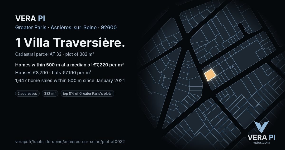 1 Villa Traversière, Asnières-sur-Seine at night – the plot lit, the parcels around coloured by the prices near them