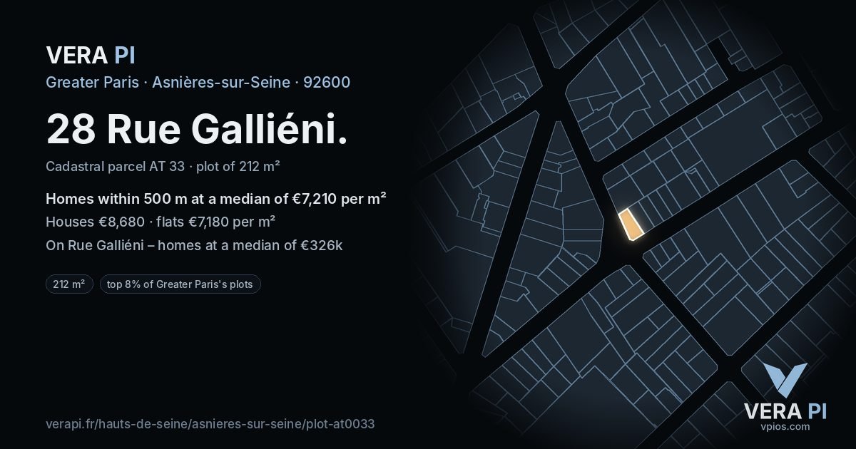 28 Rue Galliéni, Asnières-sur-Seine at night – the plot lit, the parcels around coloured by the prices near them