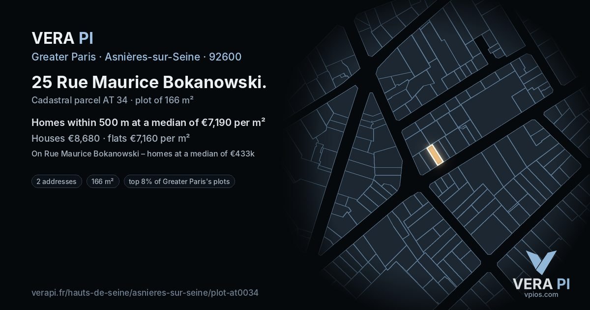 25 Rue Maurice Bokanowski, Asnières-sur-Seine at night – the plot lit, the parcels around coloured by the prices near them