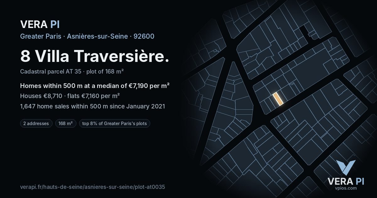8 Villa Traversière, Asnières-sur-Seine at night – the plot lit, the parcels around coloured by the prices near them