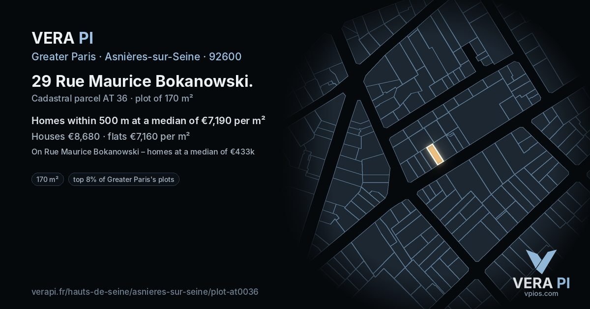29 Rue Maurice Bokanowski, Asnières-sur-Seine at night – the plot lit, the parcels around coloured by the prices near them
