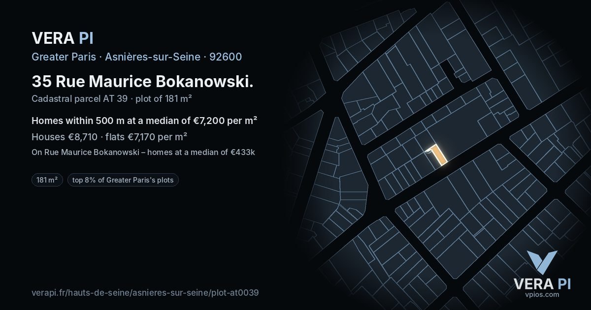35 Rue Maurice Bokanowski, Asnières-sur-Seine at night – the plot lit, the parcels around coloured by the prices near them