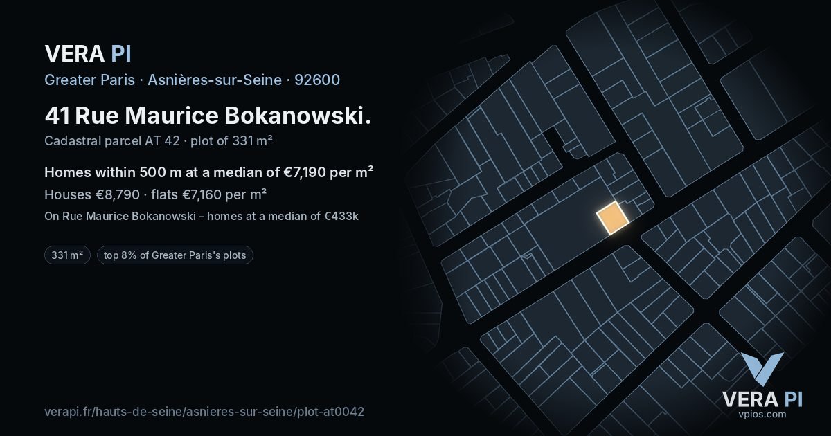 41 Rue Maurice Bokanowski, Asnières-sur-Seine at night – the plot lit, the parcels around coloured by the prices near them