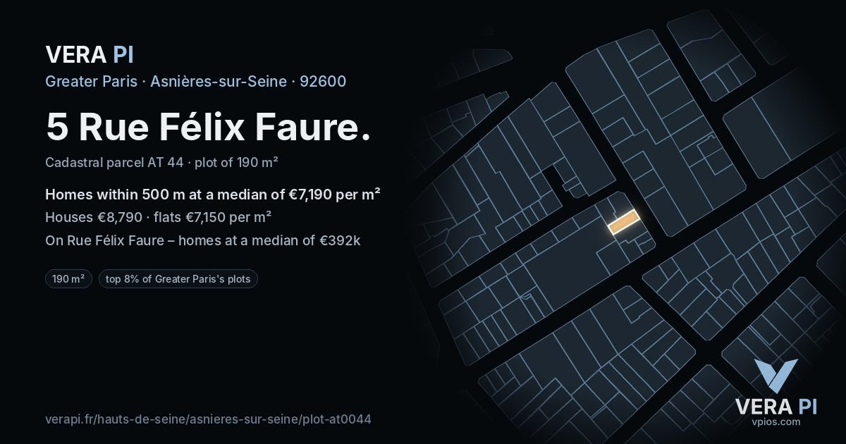 5 Rue Félix Faure, Asnières-sur-Seine at night – the plot lit, the parcels around coloured by the prices near them