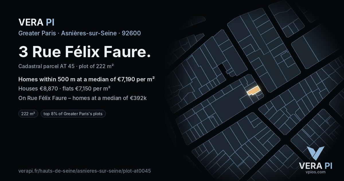 3 Rue Félix Faure, Asnières-sur-Seine at night – the plot lit, the parcels around coloured by the prices near them