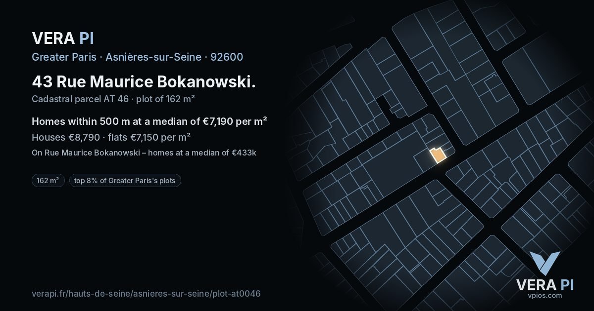 43 Rue Maurice Bokanowski, Asnières-sur-Seine at night – the plot lit, the parcels around coloured by the prices near them