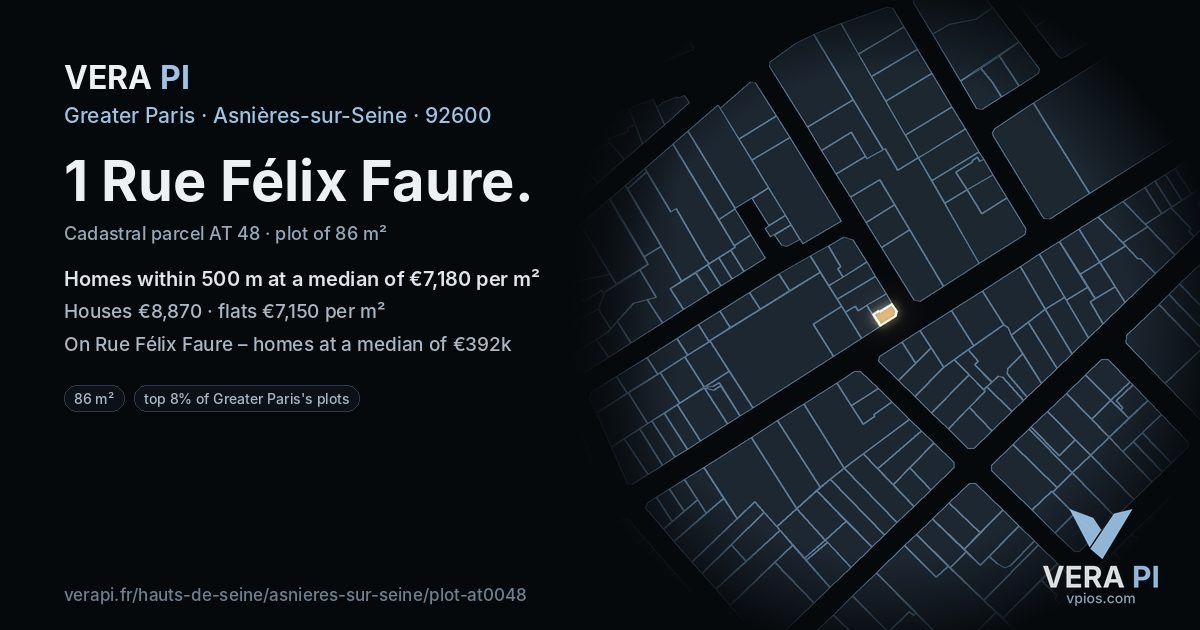 1 Rue Félix Faure, Asnières-sur-Seine at night – the plot lit, the parcels around coloured by the prices near them