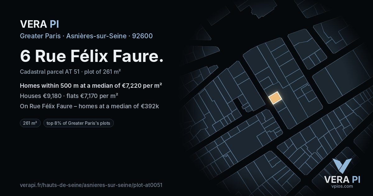 6 Rue Félix Faure, Asnières-sur-Seine at night – the plot lit, the parcels around coloured by the prices near them