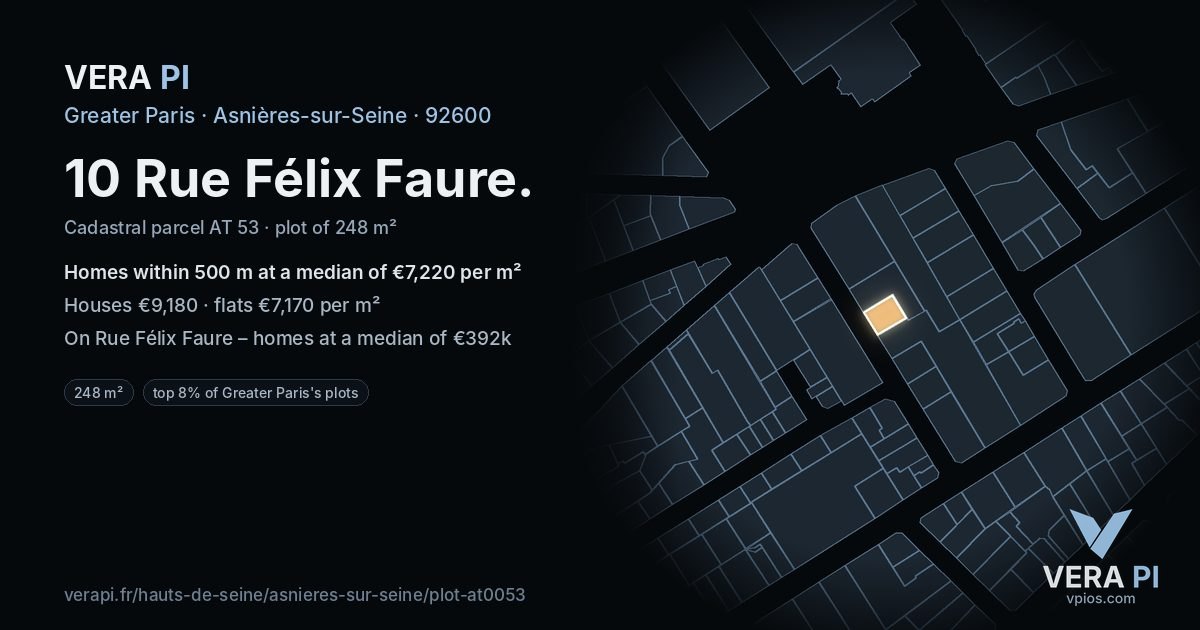 10 Rue Félix Faure, Asnières-sur-Seine at night – the plot lit, the parcels around coloured by the prices near them