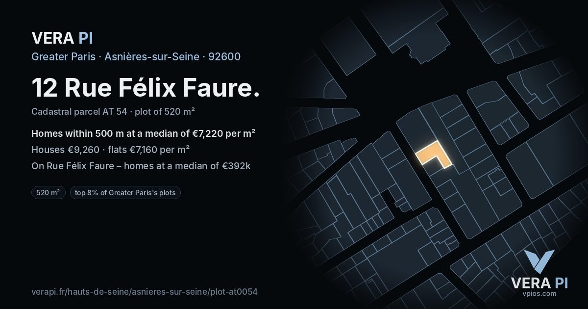 12 Rue Félix Faure, Asnières-sur-Seine at night – the plot lit, the parcels around coloured by the prices near them