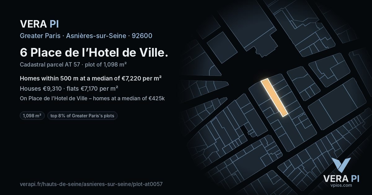 6 Place de l’Hotel de Ville, Asnières-sur-Seine at night – the plot lit, the parcels around coloured by the prices near them
