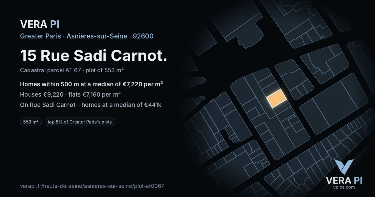 15 Rue Sadi Carnot, Asnières-sur-Seine at night – the plot lit, the parcels around coloured by the prices near them