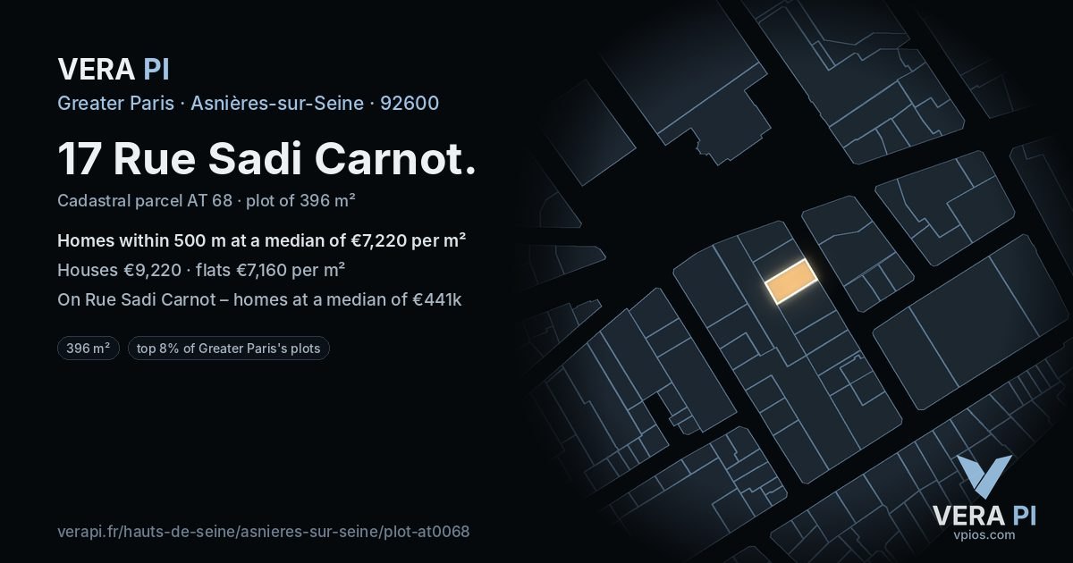 17 Rue Sadi Carnot, Asnières-sur-Seine at night – the plot lit, the parcels around coloured by the prices near them