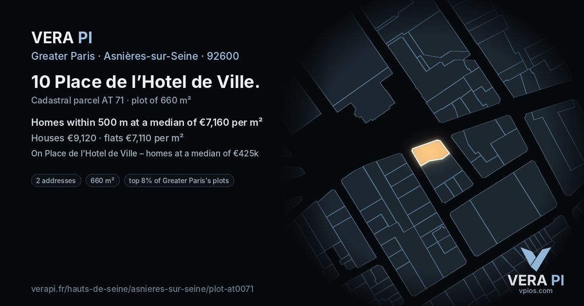 10 Place de l’Hotel de Ville, Asnières-sur-Seine at night – the plot lit, the parcels around coloured by the prices near them