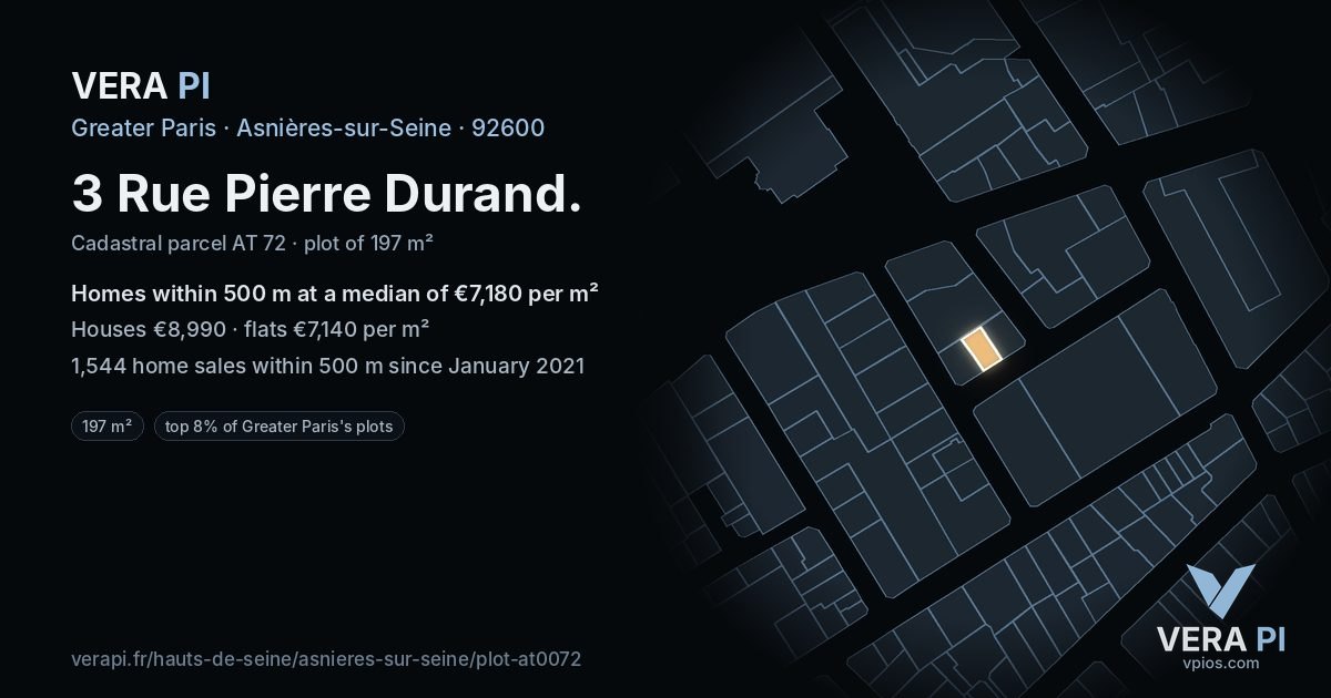 3 Rue Pierre Durand, Asnières-sur-Seine at night – the plot lit, the parcels around coloured by the prices near them
