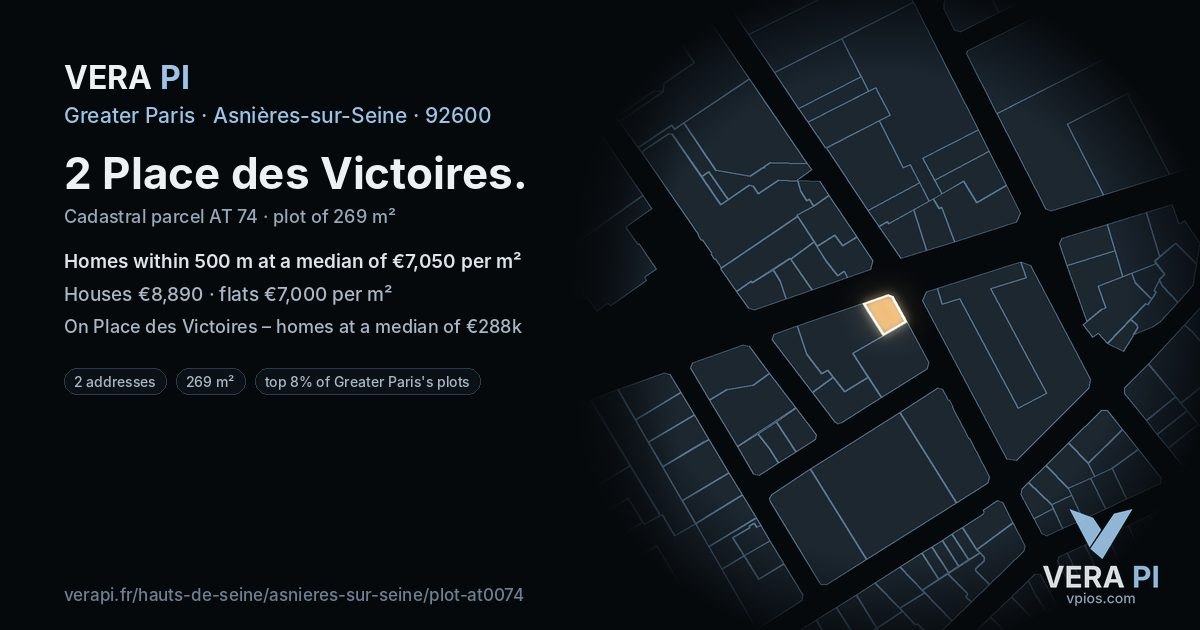 2 Place des Victoires, Asnières-sur-Seine at night – the plot lit, the parcels around coloured by the prices near them