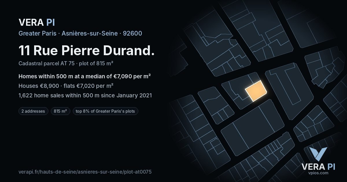 11 Rue Pierre Durand, Asnières-sur-Seine at night – the plot lit, the parcels around coloured by the prices near them
