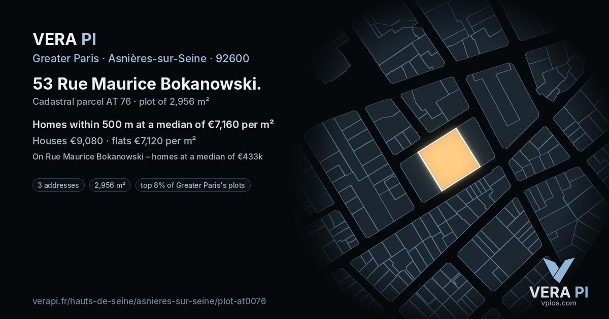 53 Rue Maurice Bokanowski, Asnières-sur-Seine at night – the plot lit, the parcels around coloured by the prices near them