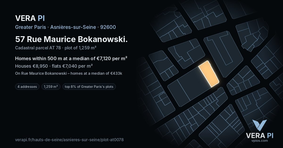 57 Rue Maurice Bokanowski, Asnières-sur-Seine at night – the plot lit, the parcels around coloured by the prices near them