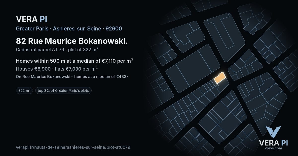 82 Rue Maurice Bokanowski, Asnières-sur-Seine at night – the plot lit, the parcels around coloured by the prices near them