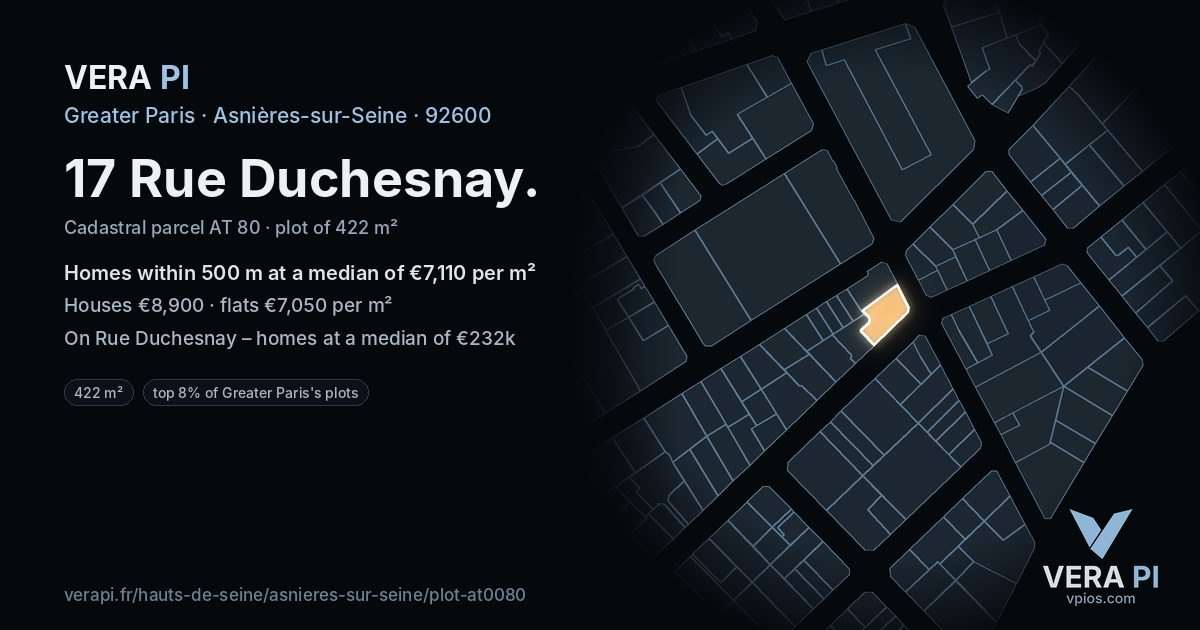 17 Rue Duchesnay, Asnières-sur-Seine at night – the plot lit, the parcels around coloured by the prices near them