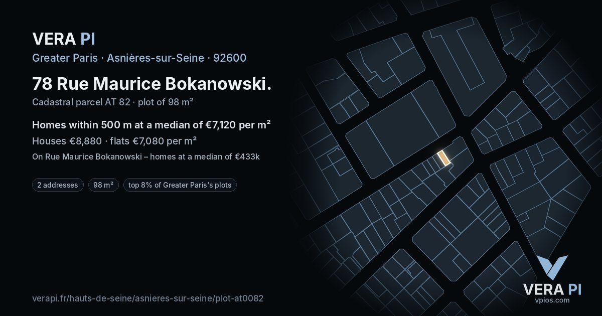 78 Rue Maurice Bokanowski, Asnières-sur-Seine at night – the plot lit, the parcels around coloured by the prices near them
