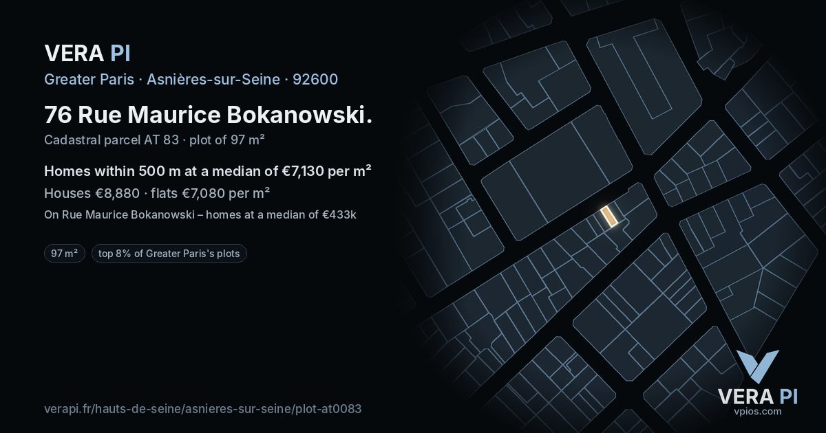 76 Rue Maurice Bokanowski, Asnières-sur-Seine at night – the plot lit, the parcels around coloured by the prices near them