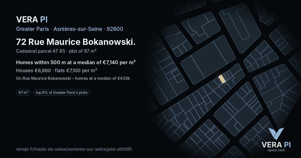 72 Rue Maurice Bokanowski, Asnières-sur-Seine at night – the plot lit, the parcels around coloured by the prices near them