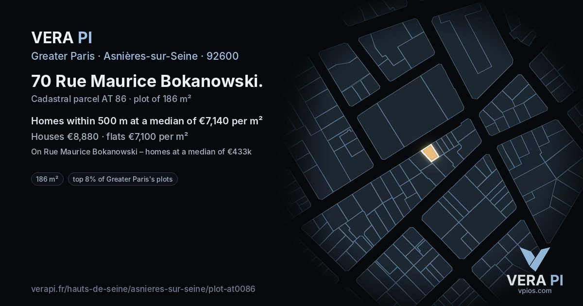 70 Rue Maurice Bokanowski, Asnières-sur-Seine at night – the plot lit, the parcels around coloured by the prices near them