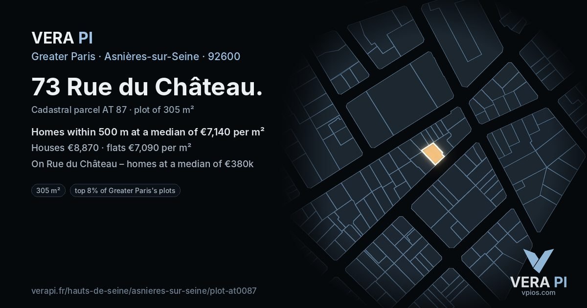 73 Rue du Château, Asnières-sur-Seine at night – the plot lit, the parcels around coloured by the prices near them