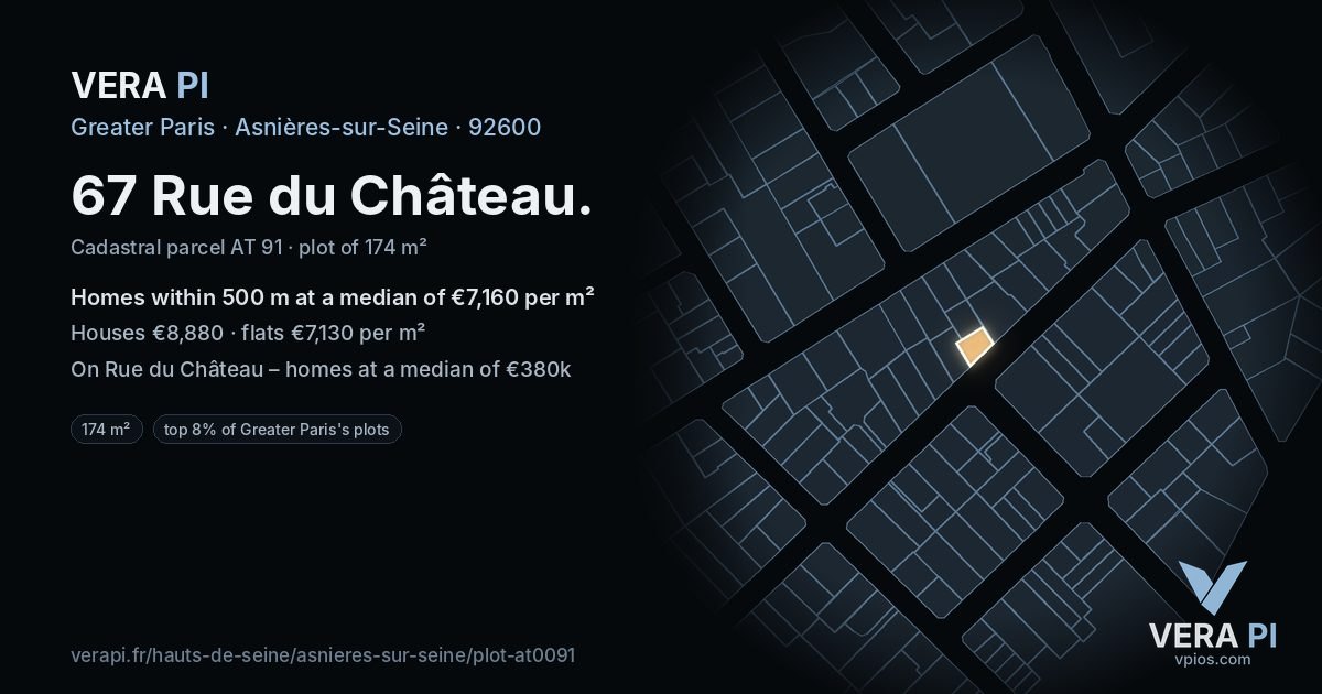 67 Rue du Château, Asnières-sur-Seine at night – the plot lit, the parcels around coloured by the prices near them