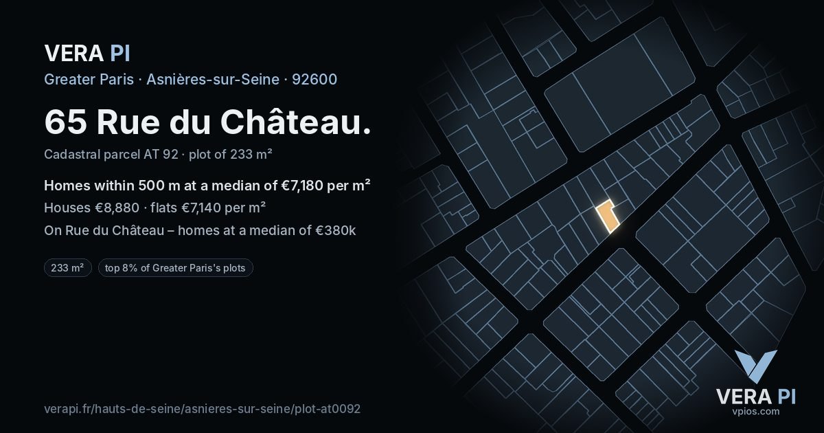 65 Rue du Château, Asnières-sur-Seine at night – the plot lit, the parcels around coloured by the prices near them