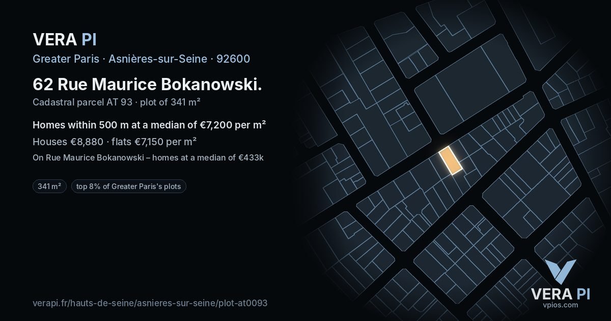 62 Rue Maurice Bokanowski, Asnières-sur-Seine at night – the plot lit, the parcels around coloured by the prices near them