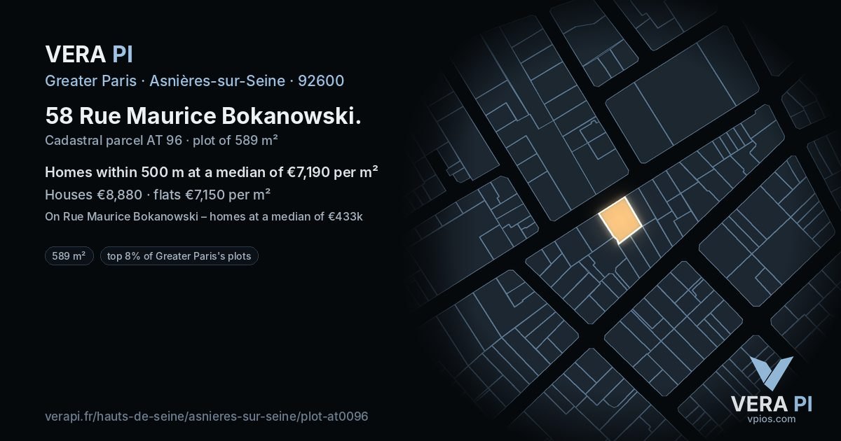 58 Rue Maurice Bokanowski, Asnières-sur-Seine at night – the plot lit, the parcels around coloured by the prices near them