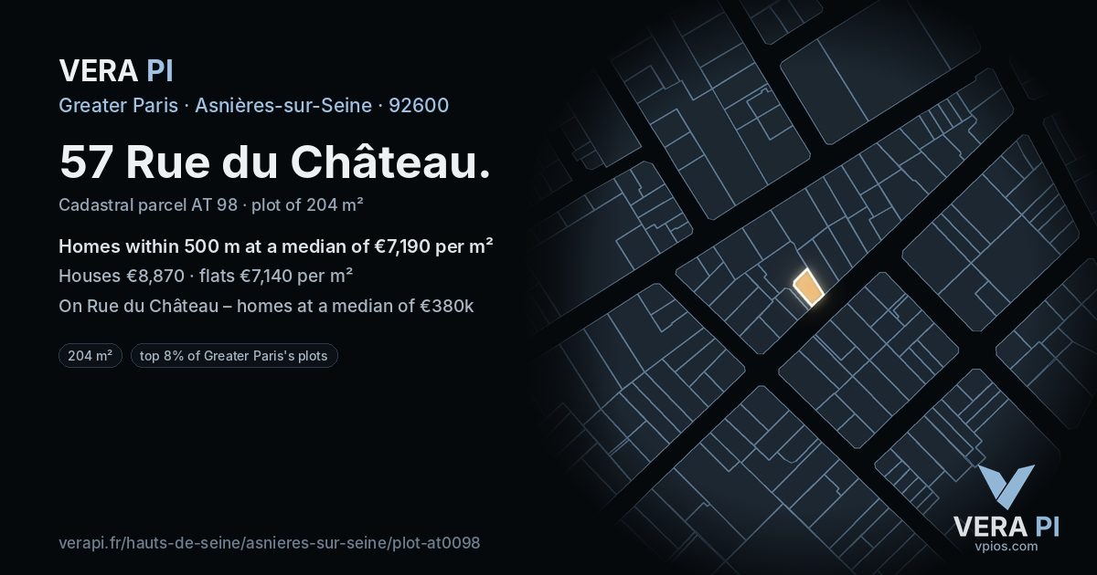 57 Rue du Château, Asnières-sur-Seine at night – the plot lit, the parcels around coloured by the prices near them