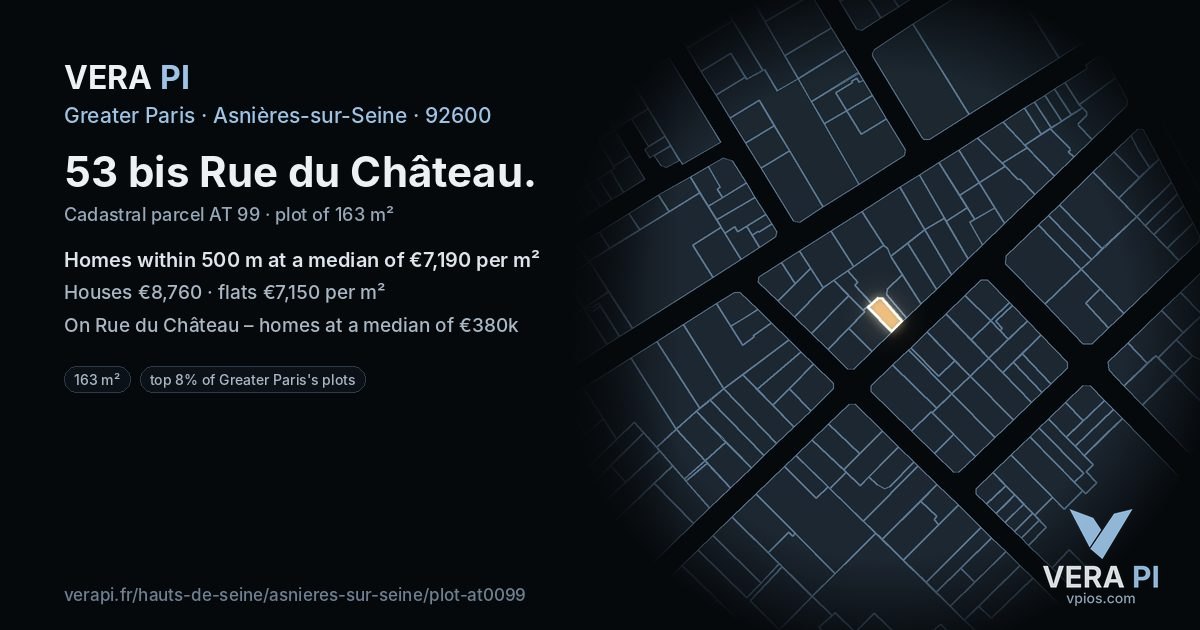 53 bis Rue du Château, Asnières-sur-Seine at night – the plot lit, the parcels around coloured by the prices near them
