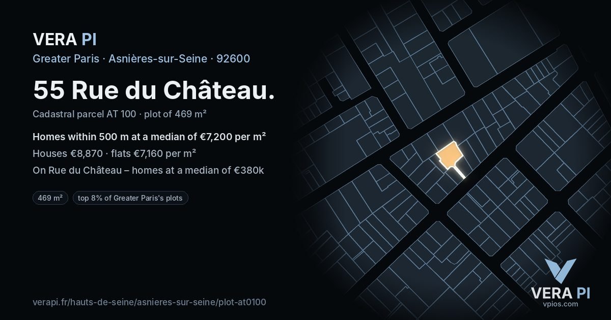55 Rue du Château, Asnières-sur-Seine at night – the plot lit, the parcels around coloured by the prices near them