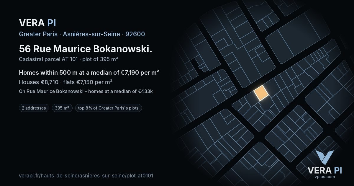 56 Rue Maurice Bokanowski, Asnières-sur-Seine at night – the plot lit, the parcels around coloured by the prices near them