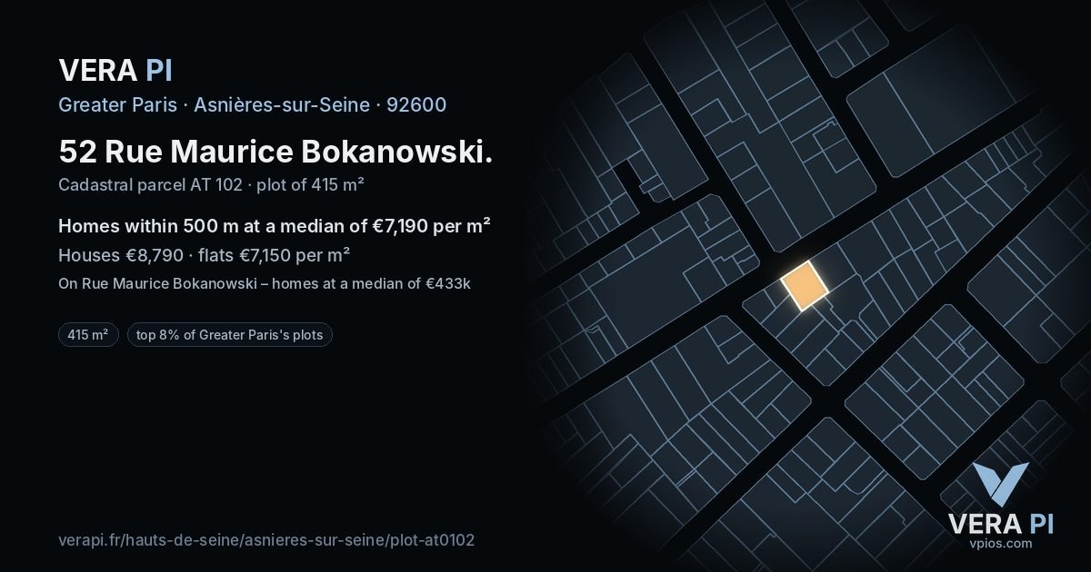52 Rue Maurice Bokanowski, Asnières-sur-Seine at night – the plot lit, the parcels around coloured by the prices near them