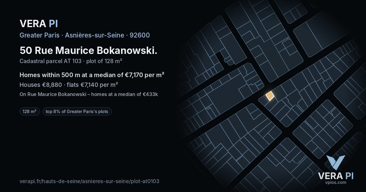 50 Rue Maurice Bokanowski, Asnières-sur-Seine at night – the plot lit, the parcels around coloured by the prices near them