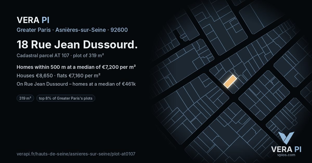 18 Rue Jean Dussourd, Asnières-sur-Seine at night – the plot lit, the parcels around coloured by the prices near them