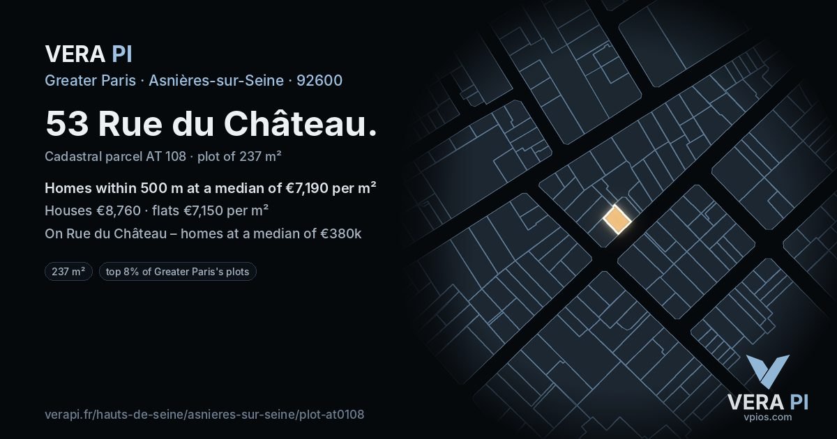 53 Rue du Château, Asnières-sur-Seine at night – the plot lit, the parcels around coloured by the prices near them